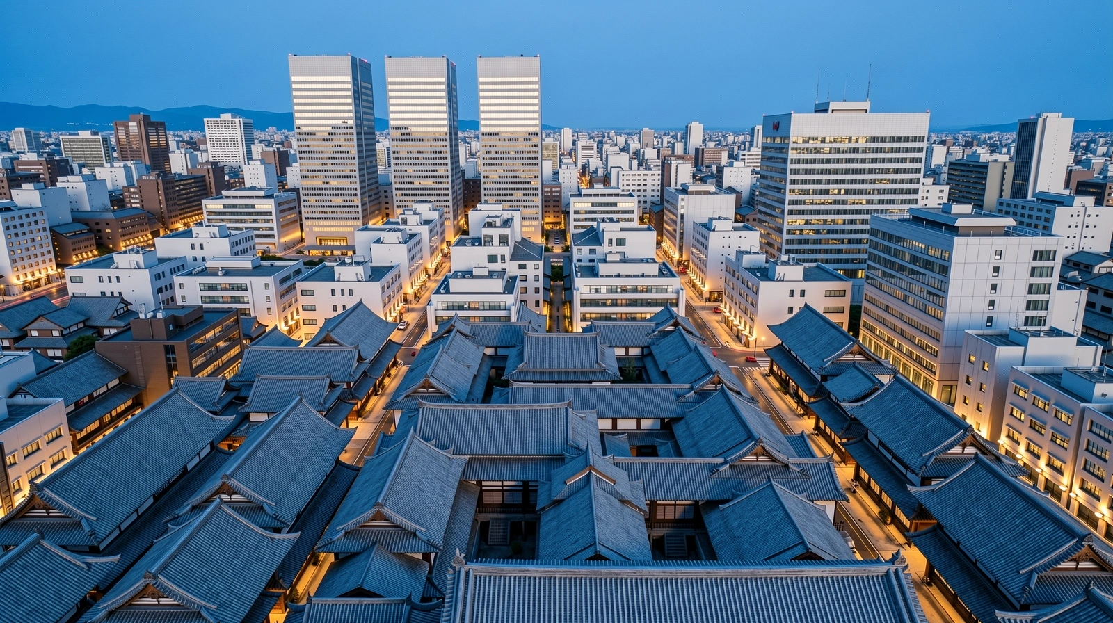 Kyoto business district at twilight